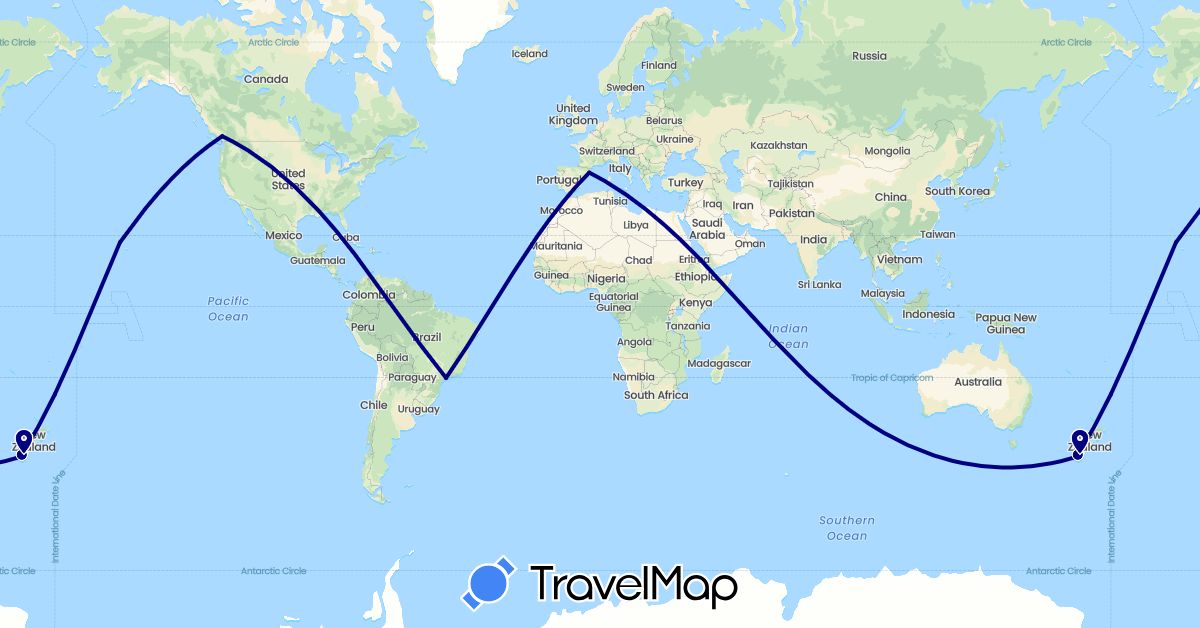 TravelMap itinerary: driving in Brazil, Canada, Spain, New Zealand, United States (Europe, North America, Oceania, South America)